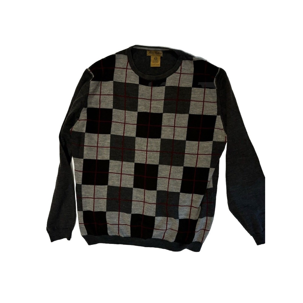 Mario Gilberto sz L Men Merino Wool‎ V-Neck sweater Gray Argyle Career old money